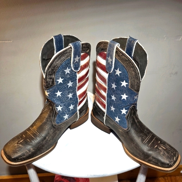 Roper American Flag Distressed Leather Western Boots Men's Size 10.5D